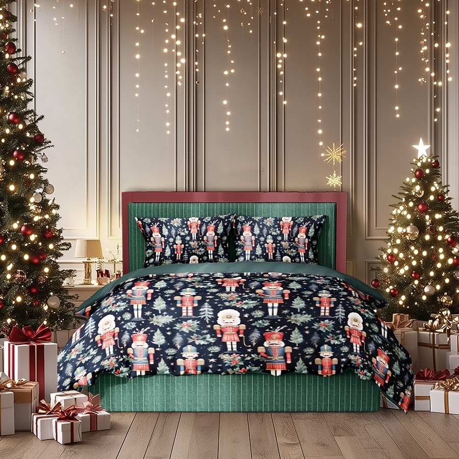jouluinen pussilakasetti pähkinänsärkijäsuunnittelulla 100 % puuvillaa juhlavaan vuodevaatteet sisältää pussilakanan ja tyynyliinat mukavat ja tyylikkäät sesongin makuuhuoneen sisustukseen queen king 2025 - $71.99 –P12