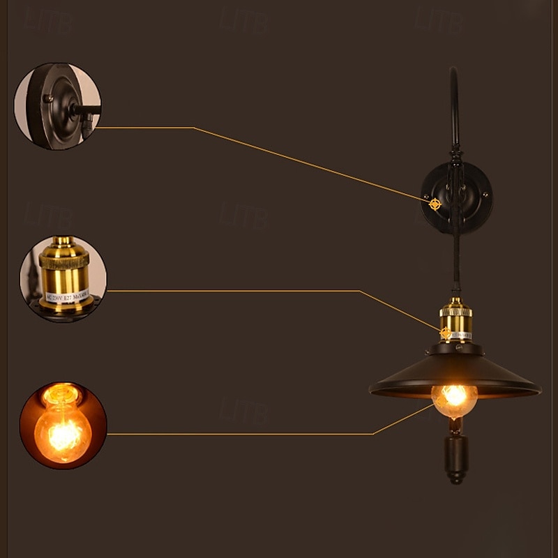 lampa ścienna retro vintage lampa ścienna płaska lampa montowana na ścianie industrialny styl czarny metalik regulowana lampa ścienna z konstrukcją koła pasowego 110-240 V 2025 - $79.99 –P2