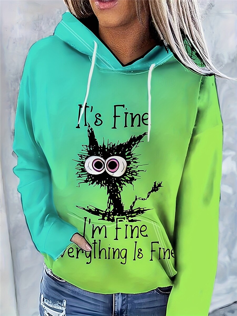 dame hettegenser sweatshirt cat street dailywear lommetrykk uformell hettegenser langermet mikroelastisk høst vinter komfort pustende mykt stoff 2025 - $31.99 –P1