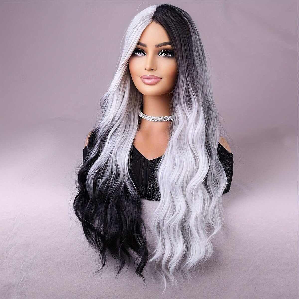 lunga parrucca doppia nera e bianca una parrucca bianca con capelli sintetici resistenti al calore nella parte centrale di una parrucca da festa cosplay del 2025 a $20.99 –P3