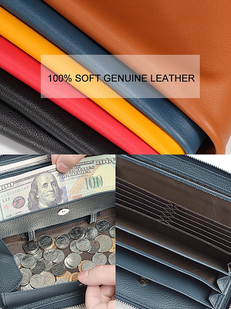 Women's Wallet Credit Card Holder Wallet Leather Cowhide Outdoor Office Shopping Zipper Multiple pockets Large Capacity RFID Blocking Solid Color Black Pink Blue 2025 - $34.99 –P2