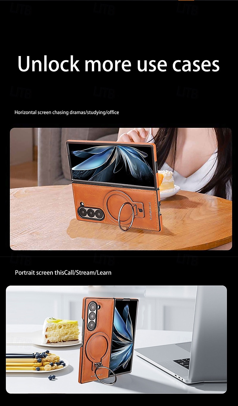2025年 Samsung Galaxy Z Fold 6 Z Fold 5 Z Fold 4 Z Fold 3 用のスタンドホルダー付きバックカバー、ワイヤレス充電対応、ショックプルーフ、レトロTPU PUレザー コレクション – $25.99 –P8