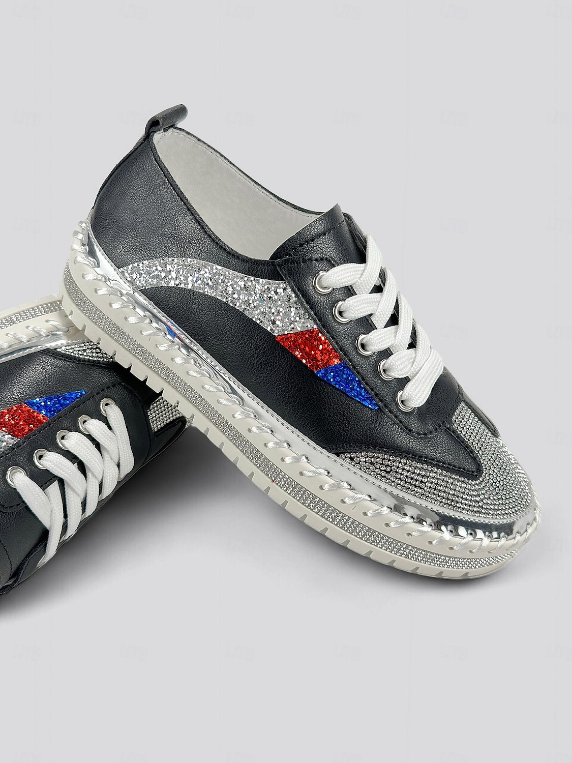 Women's Glitter-Accented Black Lace-Up Sneakers – Rhinestone Embellished, Colorful Casual Athletic Shoes for Fashionable Everyday Wear 2025 - $42.99 –P2