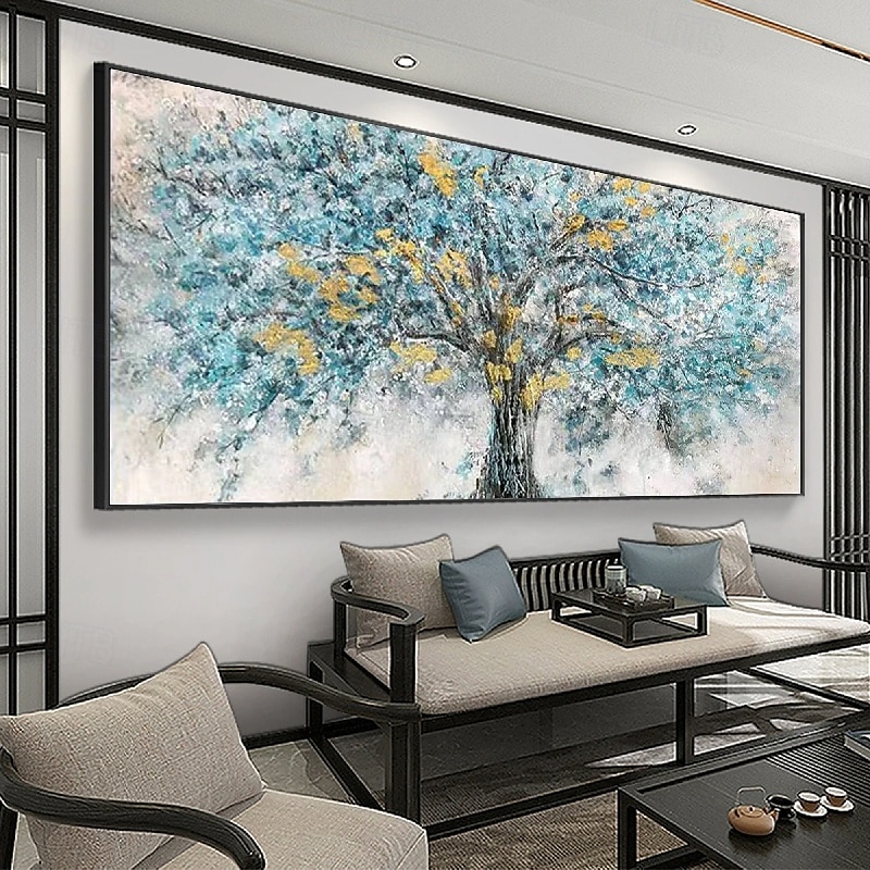 extra großes handgemaltes abstraktes Blumenölgemälde handgemachte Wandkunst große Spachtellandschaftsgemälde Frühlingsgold-Bule-Blumengemälde moderne dekorative Baumgemälde Raumkunst 2025 - $61.99 –P2