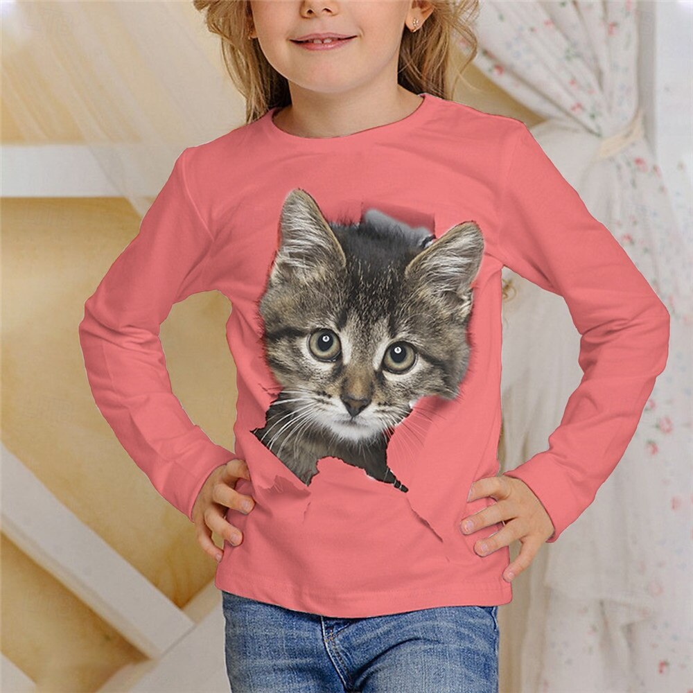 Flickor 3D Grafisk Djur Katt T-shirt Långärmad Vår Höst Mode Grundläggande Barn 4-12 år Rund hals Utomhus Ledigt Dagligen Normal 2025 - $13.99 –P4