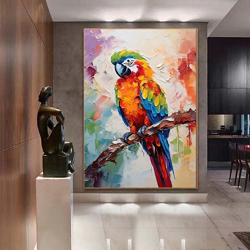 Pintura de loro con espátula grande, pintura al óleo de animales con textura abstracta hecha a mano de gran tamaño, arte de pared, hermosa pintura de pájaros, decoración de pared de sala de estar, 2026 - $119.99 –P5