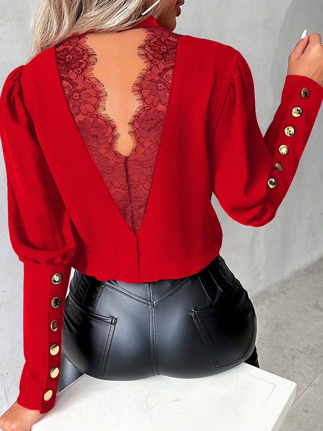 Damen Hemd Bluse Feste Farbe Elegant damas Stilvoll Langarm Stehkragen Arbeit Spitze Knopf Schwarz Weiß Rote Blau Frühling Herbst Winter 2025 - $29.99 –P4