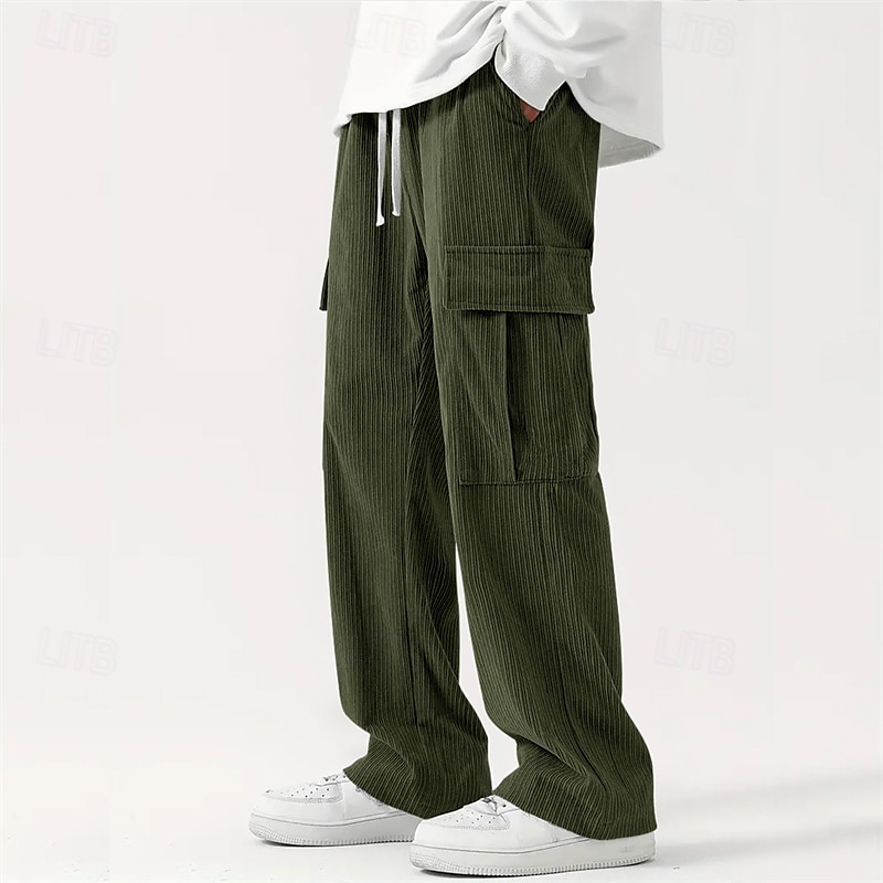 Men's Cargo Pants Corduroy Pants Trousers Straight Leg Sweatpants Elastic Waist Drawstring Multi Pocket Plain Wearable Outdoor Daily Camping & Hiking Fashion Classic Black Army Green 2025 - GBP £19.65 –P10