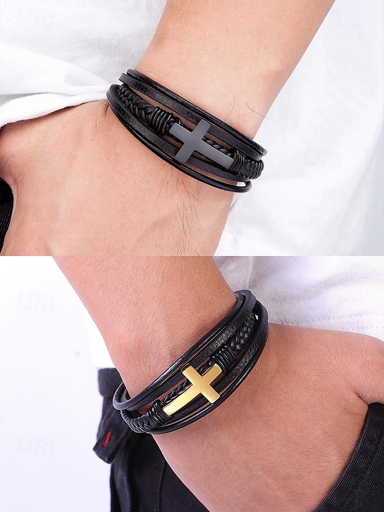 Schwarzes Lederarmband für Herren mit silbernem Kreuz – christliches religiöses Armband, verstellbarer Magnetverschluss 2025 - $11.99 –P3