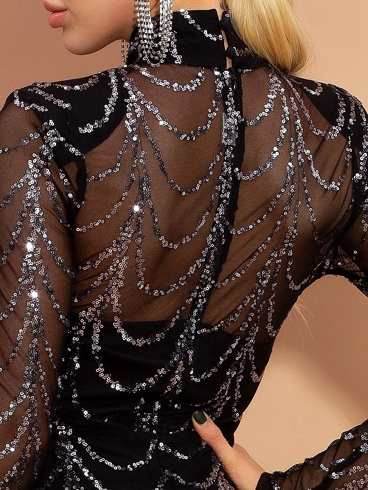 Black Tie Zeemeermin Avondjurk Sequins Glanzende Jurk Formele Vloerlengte Lange Mouwen Illusie Hals Maskerfeest Jurk 2025 - $99.99 –P4