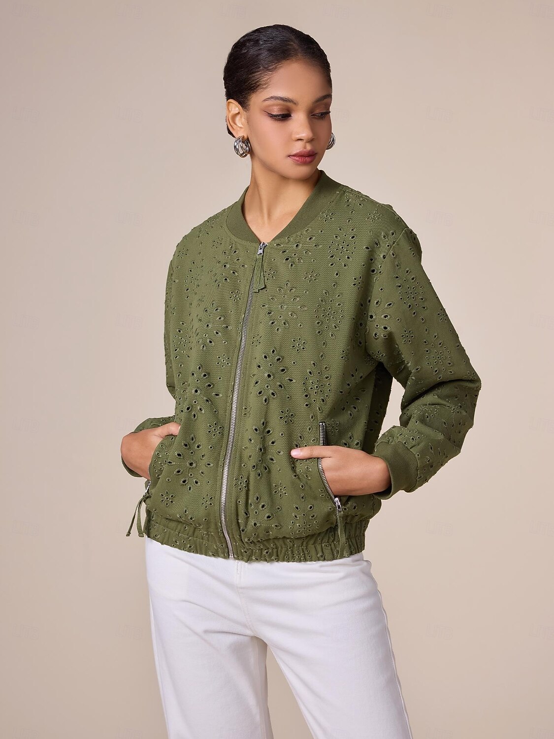 Jachetă bomber cu fermoar brodat 100% bumbac, cu gâtul uniform 2026 - $94.99 –P5