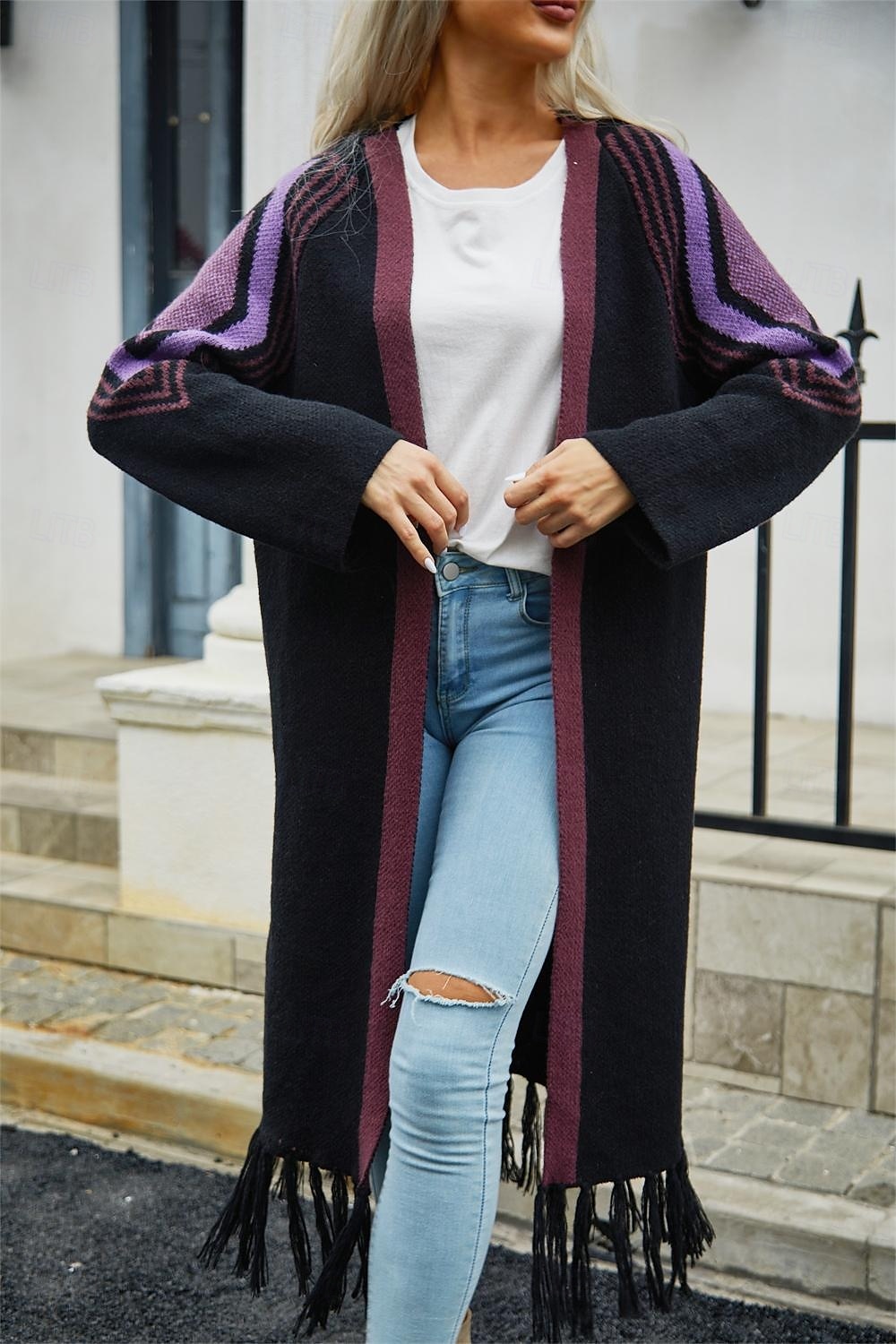 Femme Gilet Cardigan Mode du quotidien Géométrique Ouvrir le devant Franges manche longue Hauts longs Tricoter Extérieur Sortie Fin de semaine Noir Chameau Automne Hiver de 2025 ? $65.99 –P8