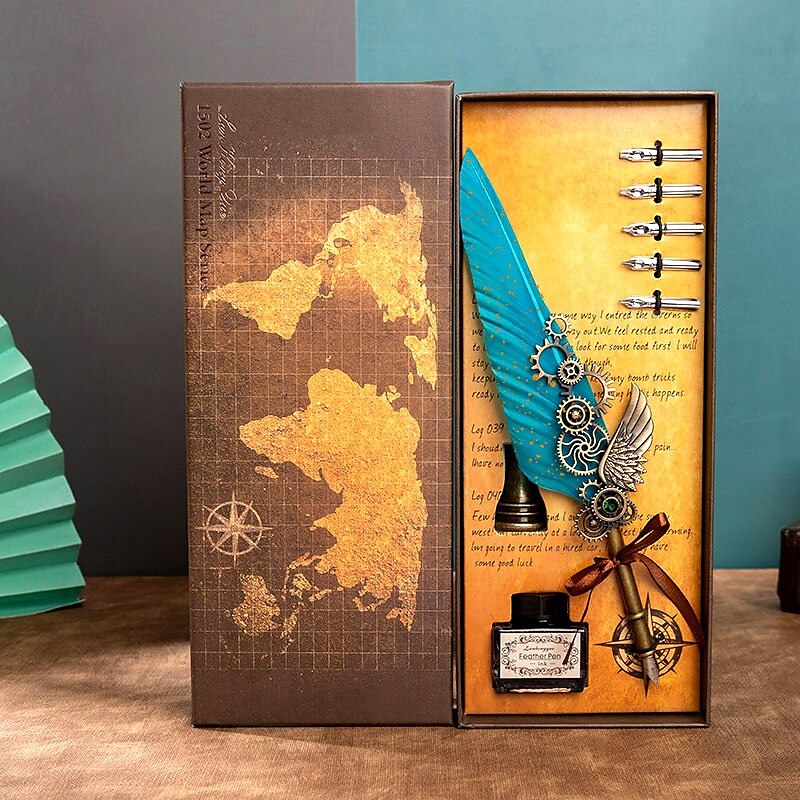 1 Set Geschenkbox, Federkiel, Kalligraphie-Stift und Tintenschreiber-Set, antikes Schreiben, Quilt-Tintenfeder, mechanisches Getriebe, Steampunk-Federkiel zum Zeichnen, Signieren und für 2025 - $28.99 –P11