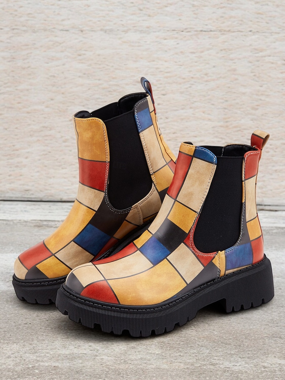 mehrfarbige Chelsea-Stiefel im Patchwork-Stil für Damen – moderne dicke Sohle mit elastischen Seiteneinsätzen für Retro- und Casual-Styling 2025 - $46.99 –P1