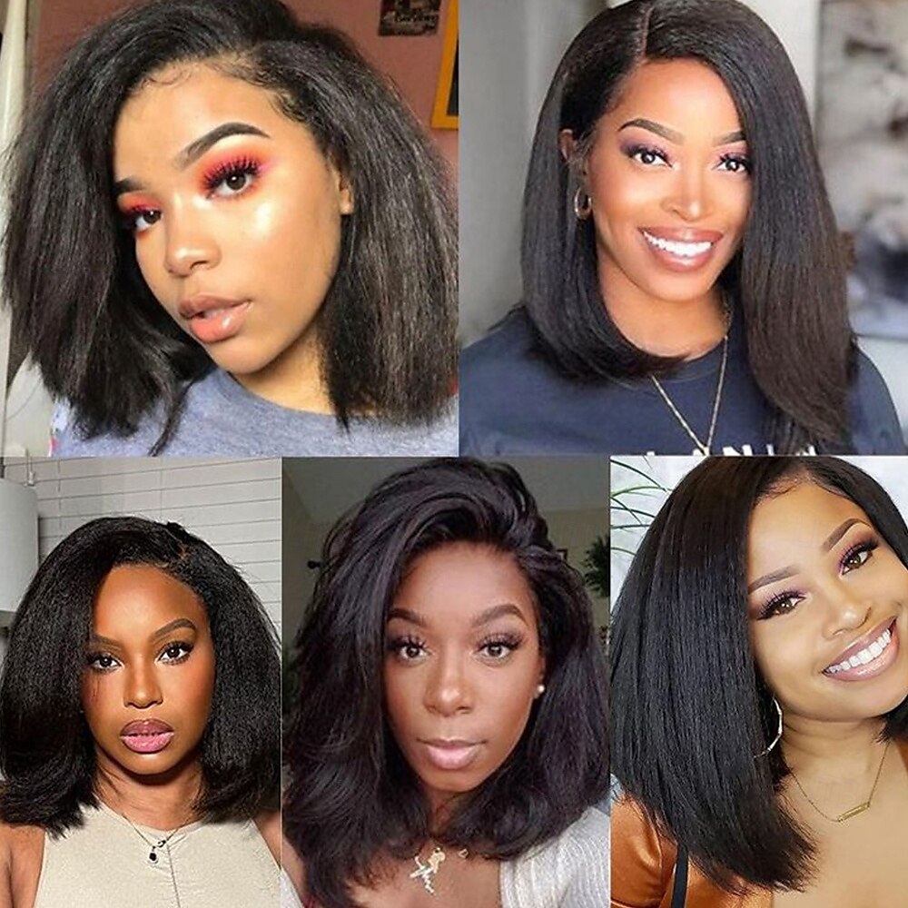 Perruque Cheveux Naturel Rémy 13x4 devant en dentelle Cheveux Brésiliens Bouclé Yaki Droite Noir Partie libre Avec queue de cheval perruques pour femmes noires Densité 180% avec des cheveux de béb de 2025 ? $239.79 –P4