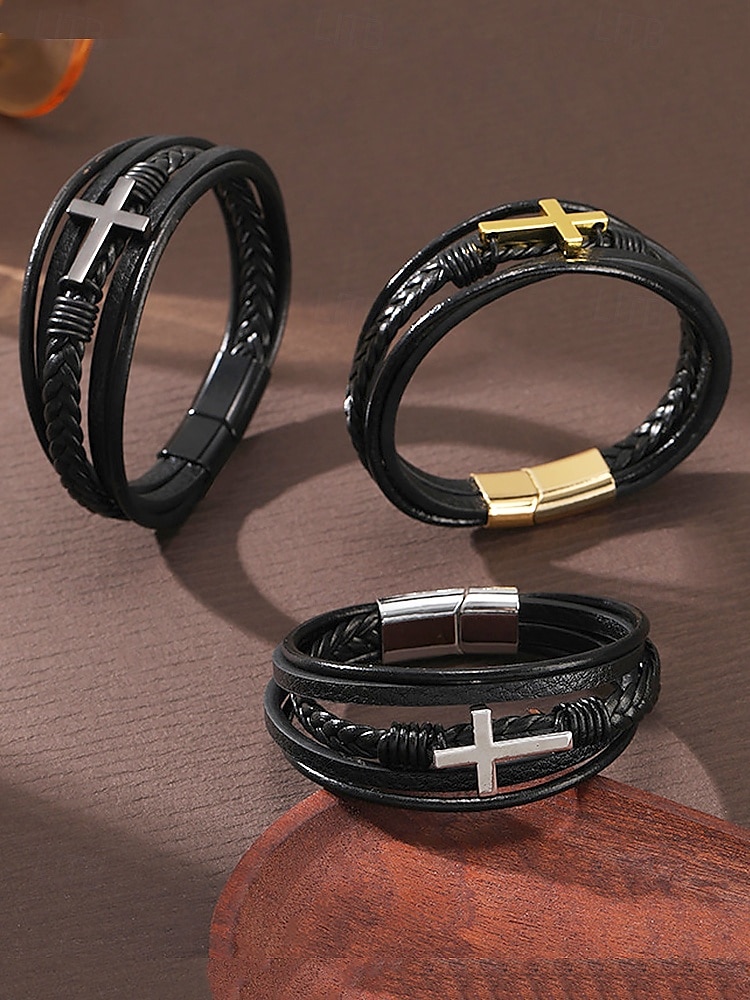 Schwarzes Lederarmband für Herren mit silbernem Kreuz – christliches religiöses Armband, verstellbarer Magnetverschluss 2025 - $11.99 –P4