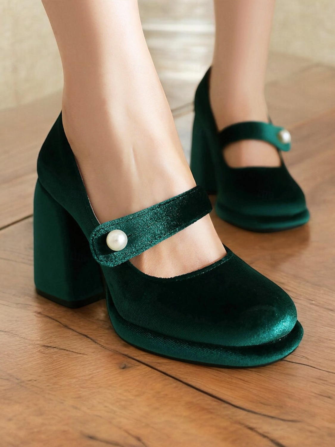 Women's Green Velvet Mary Jane Block Heels with Pearl Accent – Retro Platform Pumps for Party and Formal Events 2025 - $59.99 –P1
