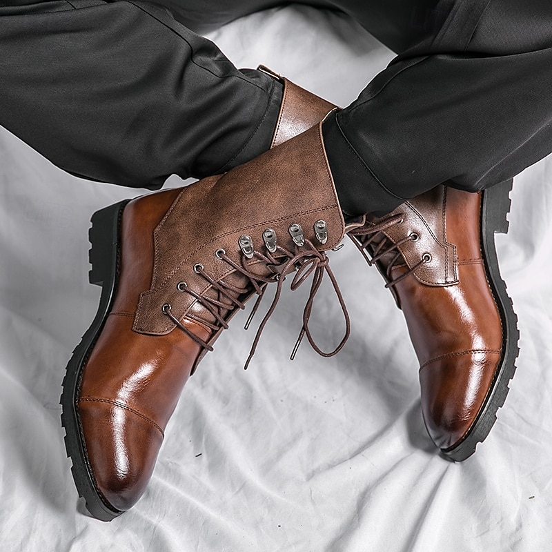 braune Militärstiefel aus Kunstleder für Herren mit Schnürung – strapazierfähige Stiefeletten für Outdoor-Aktivitäten und die Freizeit 2025 - $64.99 –P4