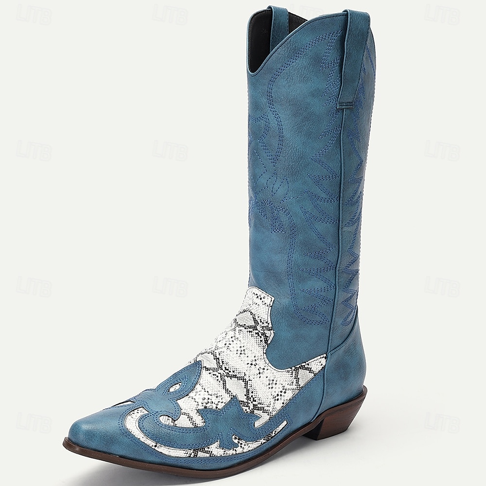 férfi kék művelúr cowboy csizma fehér kígyóbőr díszítéssel és hímzett dizájnnal - western stílusú csizma rodeó és kültéri viselethez 2025 - $79.99 –P5