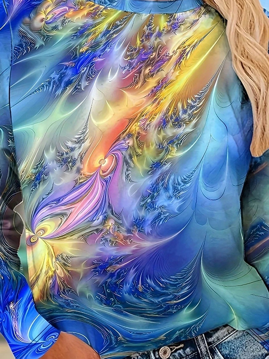 Женская футболка с круглым вырезом длинным рукавом туника омбре повседневная обычные топы повседневная принт синий весна осень 2025 - $22.99 –P3