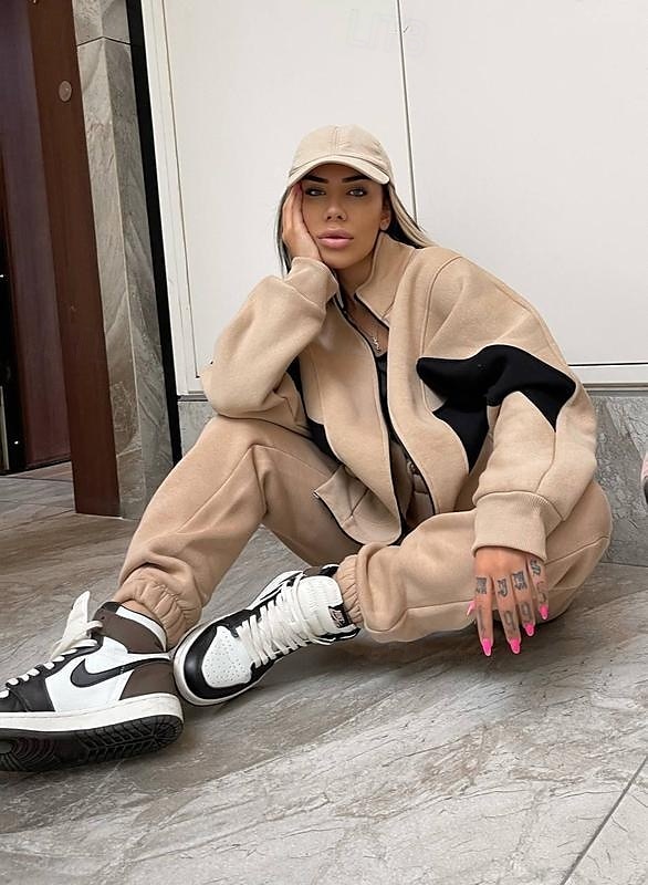 Da donna Caldo Felpa Sherpa Pantaloni in pile Manica lunga A collo alto Color Block Cerniera Esterno Bianco Marrone chiaro Primavera Oversize del 2025 a Kč719 –P3