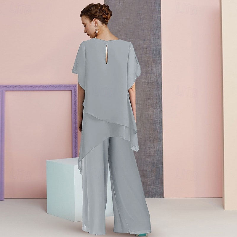 Two Piece Jumpsuit / Pantsuit Mother of the Bride  Wedding Guest Elegant Plus Size Scoop Neck Floor Length Chiffon Short Sleeve with Solid Color free custom size 2025 - $138.99 –P2