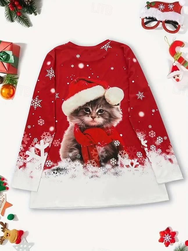 Damen Sweatshirt süßes Kätzchen Weihnachtsmannmütze Langarm Winter lässig festlich rot Grafik Rundhals Oberteil gemütlich bequem 2025 - $22.99 –P3