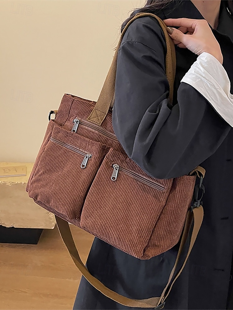 torba typu tote vintage z kordu z wieloma kieszeniami na suwak - swobodna torebka damska 2025 - $26.99 –P2