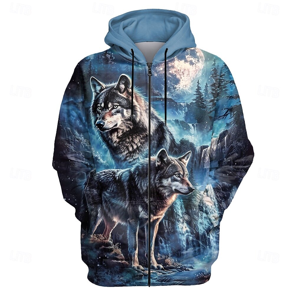 Hombre Lobo Sudadera Sudaderas Sudadera Manga Larga Sudadera con capucha Con Capucha Moda Impresión 3D Festivos Viaje Azul Piscina Cremallera Bolsillo Correa Otoño Invierno Diseñador 2025 - $30.99 –P2