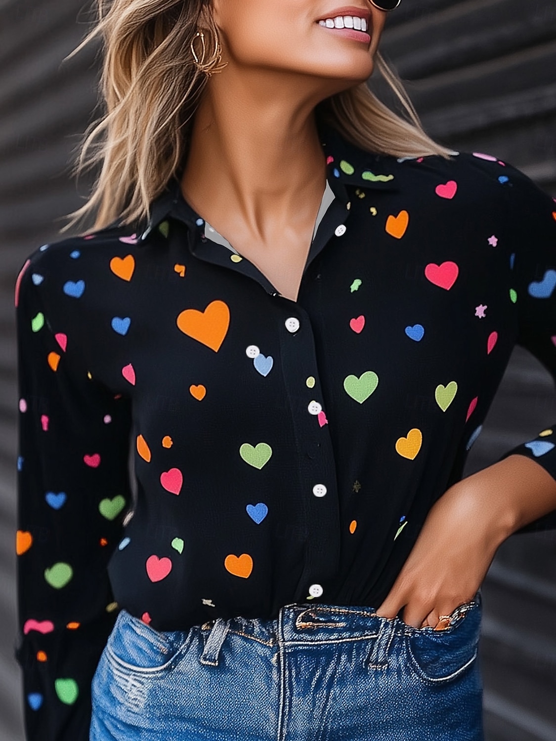 Női Ing Hétköznapi Pöttyös Szív Munka Elegáns Stílusos Modern Hosszú Ujjú Fekete Tavasz Ősz 2025 - $32.99 –P2