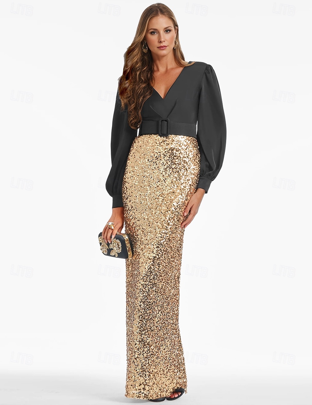 Schwarzes und goldenes/paillettenbesetztes Meerjungfrau-Abendkleid, elegantes Kleid, bodenlang, lange Ärmel, V-Ausschnitt, Gürtel/Schärpe mit Schlitz, 2025 2025 - $153.99 –P3