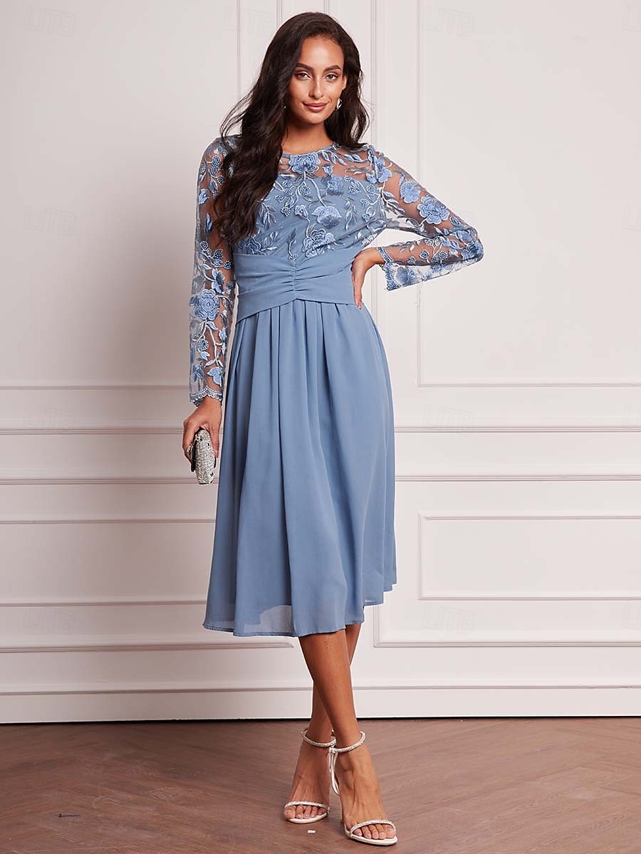 Damen-Hochzeitsgastkleid, Vintage-Kleid, Midikleid, gerüschtes Netz, elegante Cocktailkleider, lässig, Rundhalsausschnitt, lange Ärmel, blaue Farbe 2025 - $49.99 –P4
