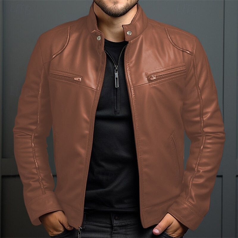 2025年 男性用 レザージャケット トランジションジャケット バイカージャケット 赤い革のジャケット バケーション 日常 防風 保温 ポケット 秋冬 平織り ファッション クラシック スタンド レギュラー 合皮 ブラック ホワイト ワイン ネイビーブルー ロイヤルブルー ジャケット コレクション – $44.99 –P10