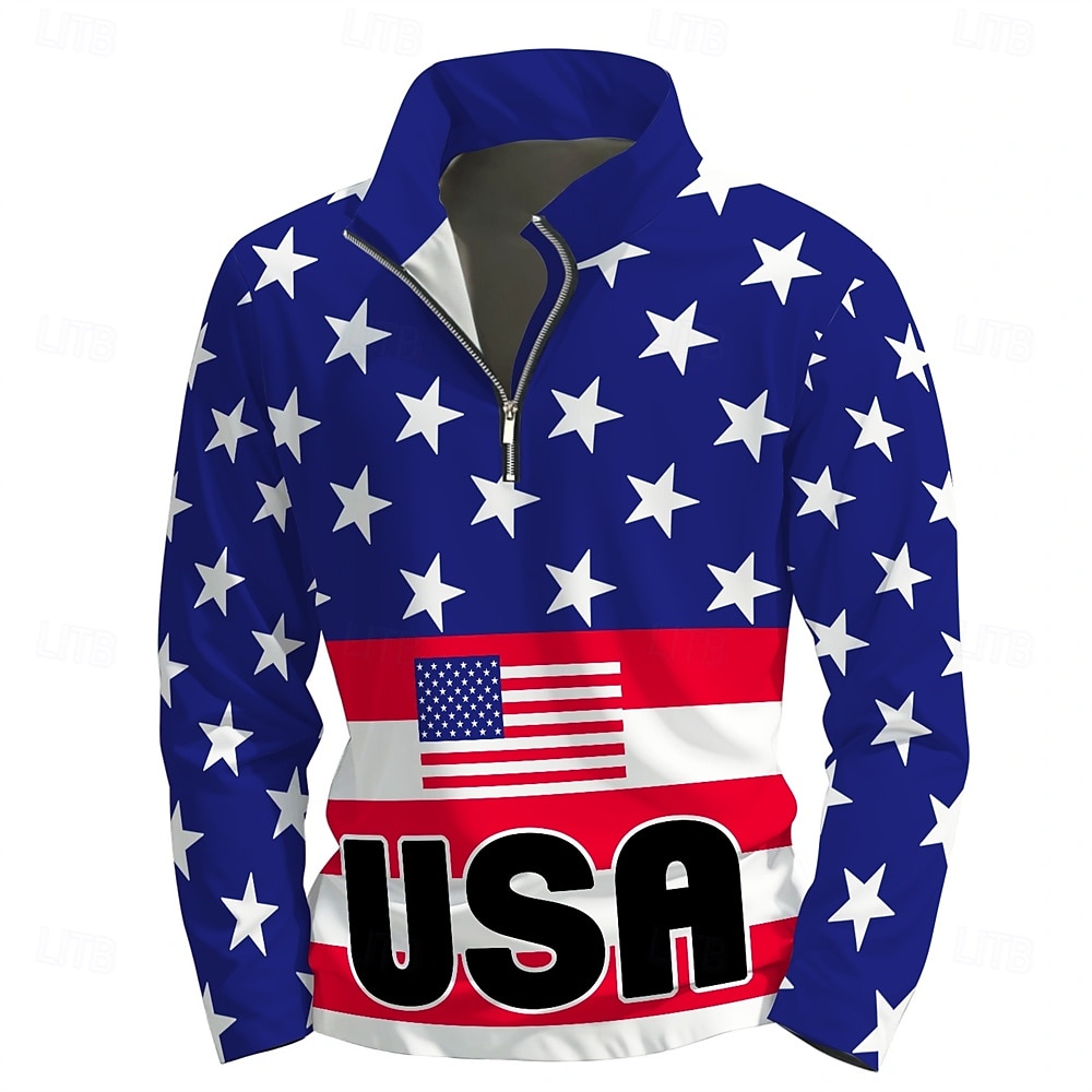 Herr Grafisk Amerikanska amerikanska flaggan Huvtröjor Dagligen Ledigt Långärmad Hög krage Semester Utekväll Streetwear Blå Mönster Vår & Höst Designer 2025 - $29.99 –P2