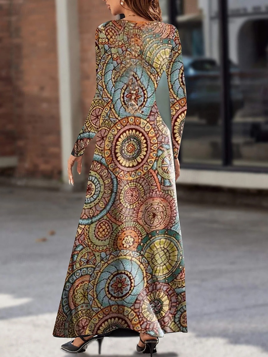 Dámské maxi šaty šaty s posunem áčkové šaty Boho elegantní stylové dovolená párty každodenní běžné měření grafické dlouhé rukávy kulatý výstřih pestré jaro podzim 2025 - $36.99 –P2