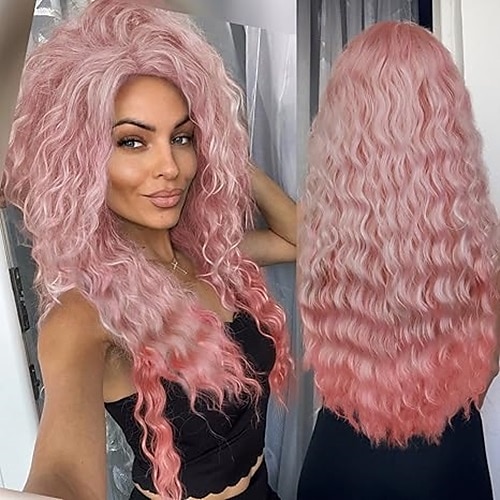 parrucca lunga ondulata riccia parrucche per donne con frangia in evidenza parte libera radice soffice sintetico costume festa carnevale parrucca del 2025 a $19.99 –P2