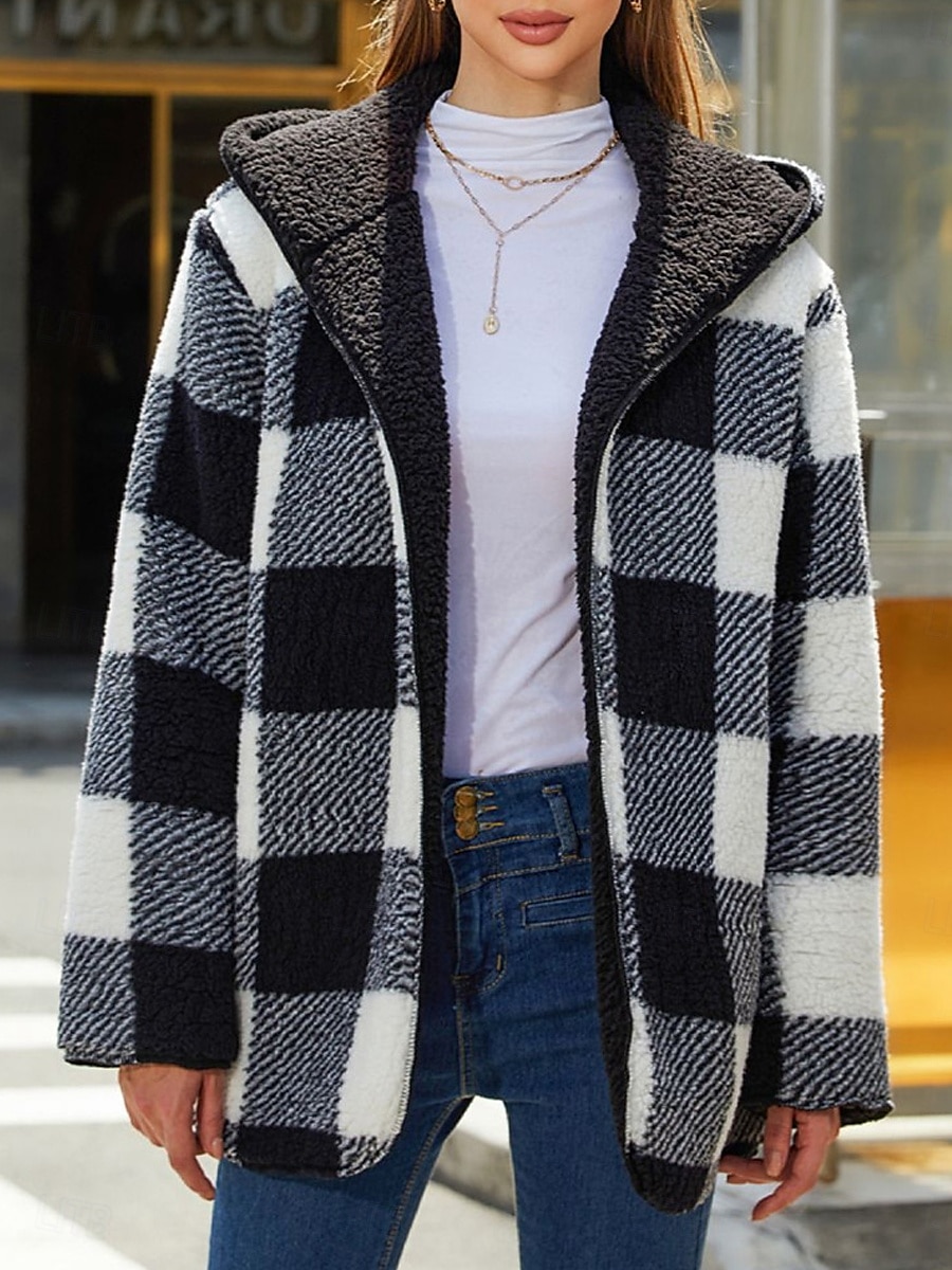 Per donna Giacca in pile Cappotto teddy Giacca con cappuccio Tenere al caldo Traspirante Tasche In pile Informale A quadri Da mare Strada Da tutti i giorni Per uscire Apertura anteriore Standard Felpa del 2025 a $62.99 –P1
