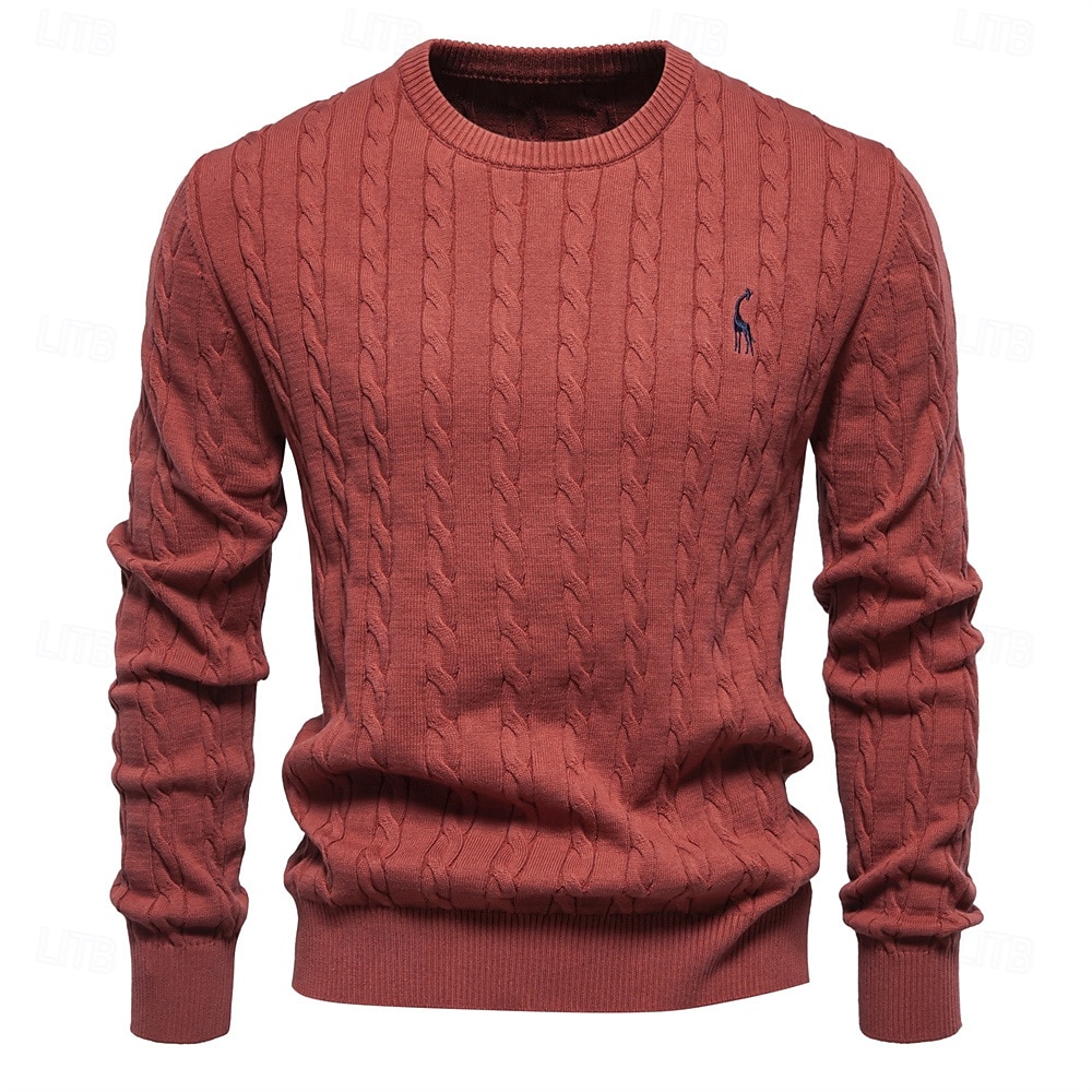 maglione da uomo in cotone con ricamo giraffa, girocollo, classico pullover lavorato a maglia con motivo a torsione per uomo del 2025 a $41.99 –P4