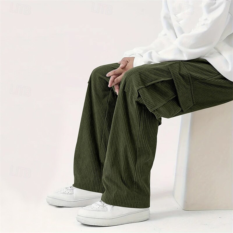 Men's Cargo Pants Corduroy Pants Trousers Straight Leg Sweatpants Elastic Waist Drawstring Multi Pocket Plain Wearable Outdoor Daily Camping & Hiking Fashion Classic Black Army Green 2025 - GBP £19.65 –P12