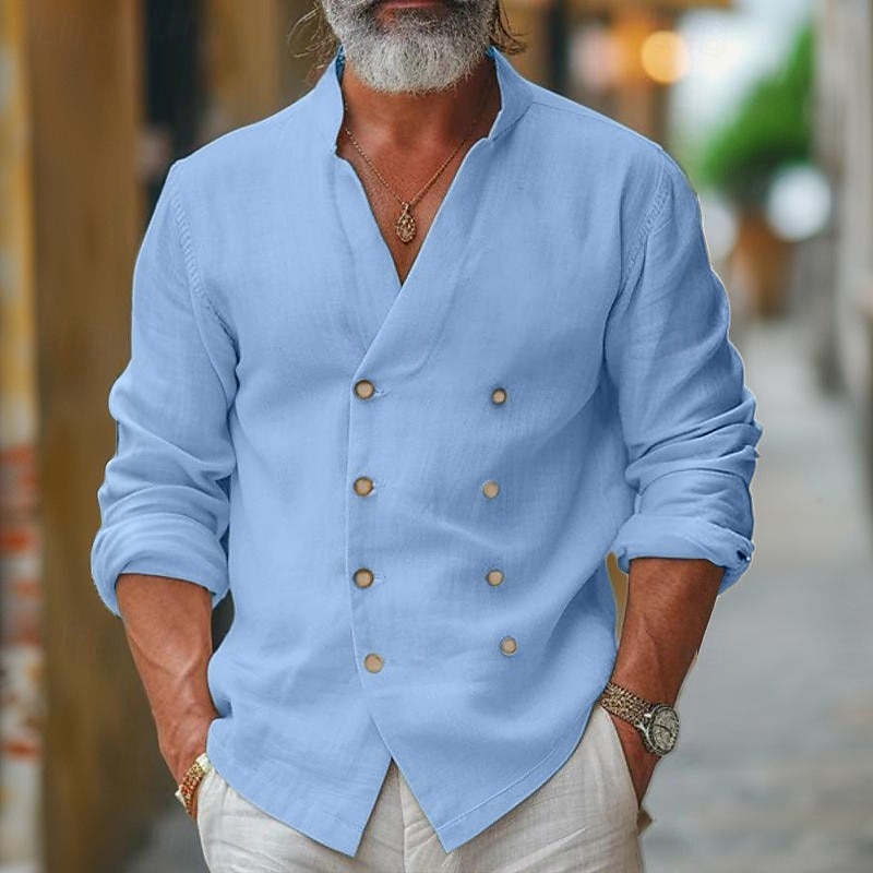 Men's Shirt Linen Shirt Band Collar Shirt Summer Shirt Beach Wear Button Up Shirt Plain Casual Daily Black White Blue Long Sleeve Band Collar Spring & Summer Clothing Apparel 2025 - $26.99 –P2
