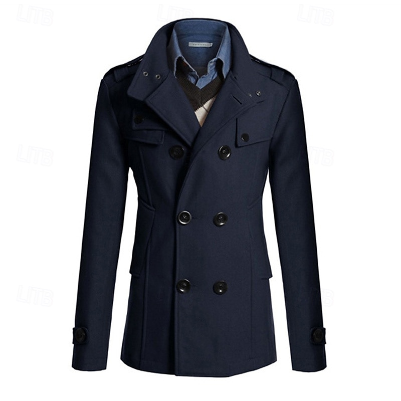Herr Peacoat Trenchcoat Dagligen Semester Höst vinter Polyester Håller värmen Ytterkläder Kläder Mode Klassisk Slät Ficka Hög krage Dubbelknäppt 2025 - $48.99 –P13