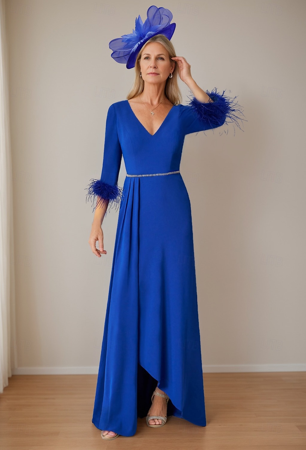 A-Line Mother of the Bride Dress Elegant Simple High Low Plunging Neck Floor Length Stretch Fabric 3/4 Length Sleeve with Feather Pleats free custom size 2025 - $174.99 –P1