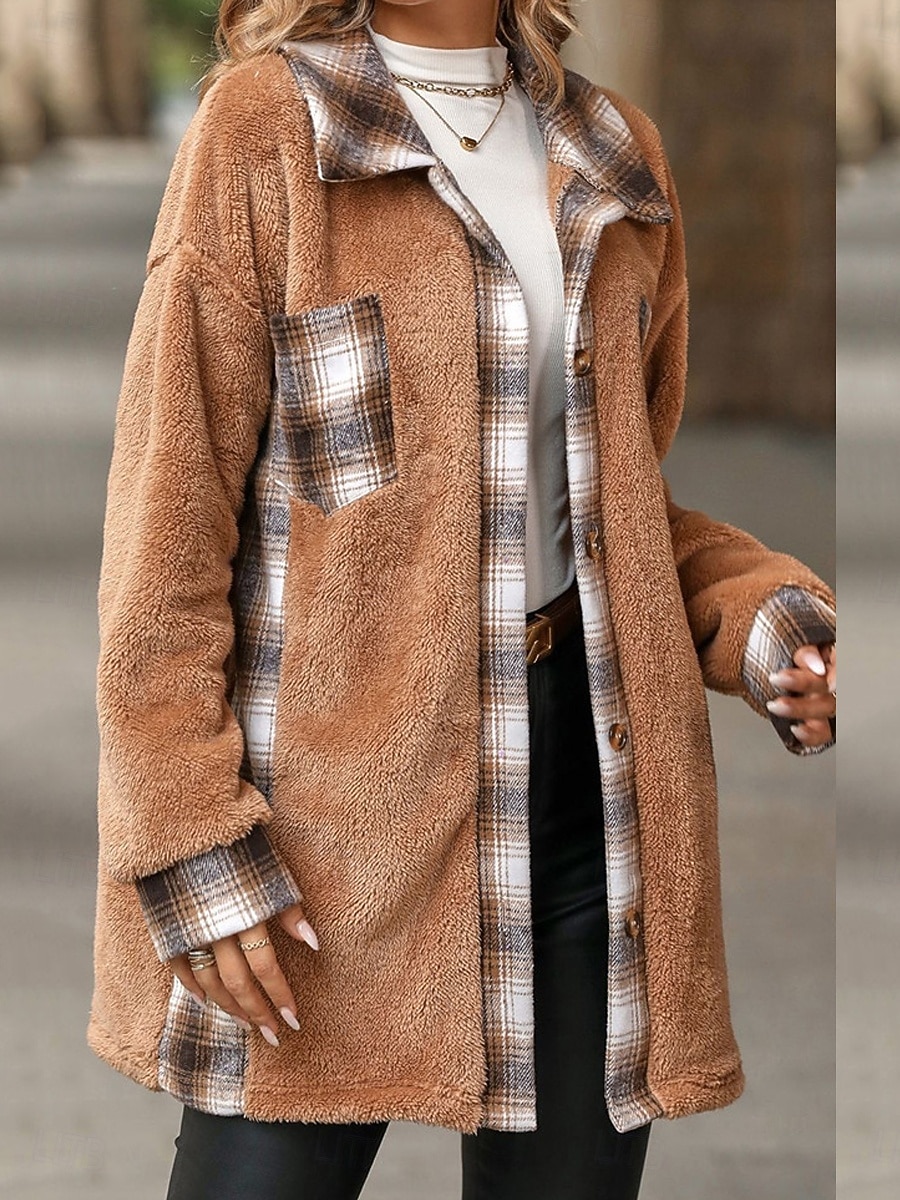 Dam Vinterjacka Sherpajacka Teddyrock Utomhus Gata Dagliga kläder Höst Vinter Normal Täcka Normal Håller värmen Andningsfunktion Stylish Ledigt Jacka Långärmad Ränder och pläd Med fickor Svart Vit Vin 2025 - $41.99 –P1