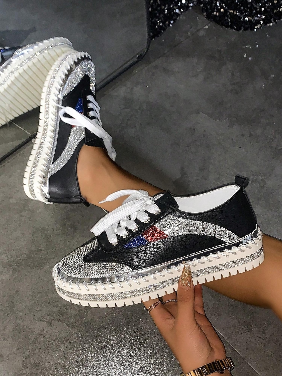 Women's Glitter-Accented Black Lace-Up Sneakers – Rhinestone Embellished, Colorful Casual Athletic Shoes for Fashionable Everyday Wear 2025 - $42.99 –P4