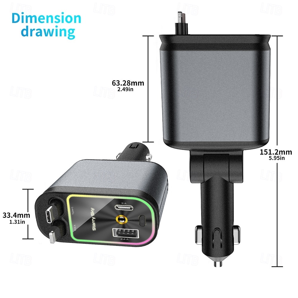 4-in-1 Car Charger Starry Sky Atmosphere Light Car Super Fast Charging Flash Charging Telescopic Cable Type-C & Lighting 2025 - $36.99 –P5