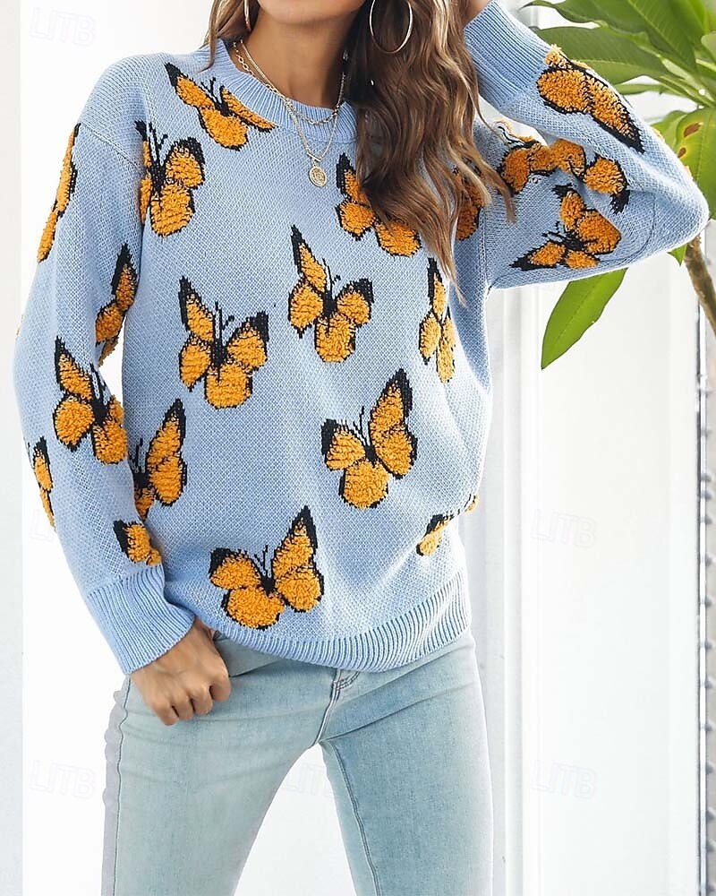 Damen Pullover Modisch Kuschelig Strassenmode Graphic Bedruckt Rundhalsausschnitt Strick Langarm Normale Oberteile Stricken Arbeit Wochenende Blau Orange Herbst Winter 2025 - $56.99 –P4