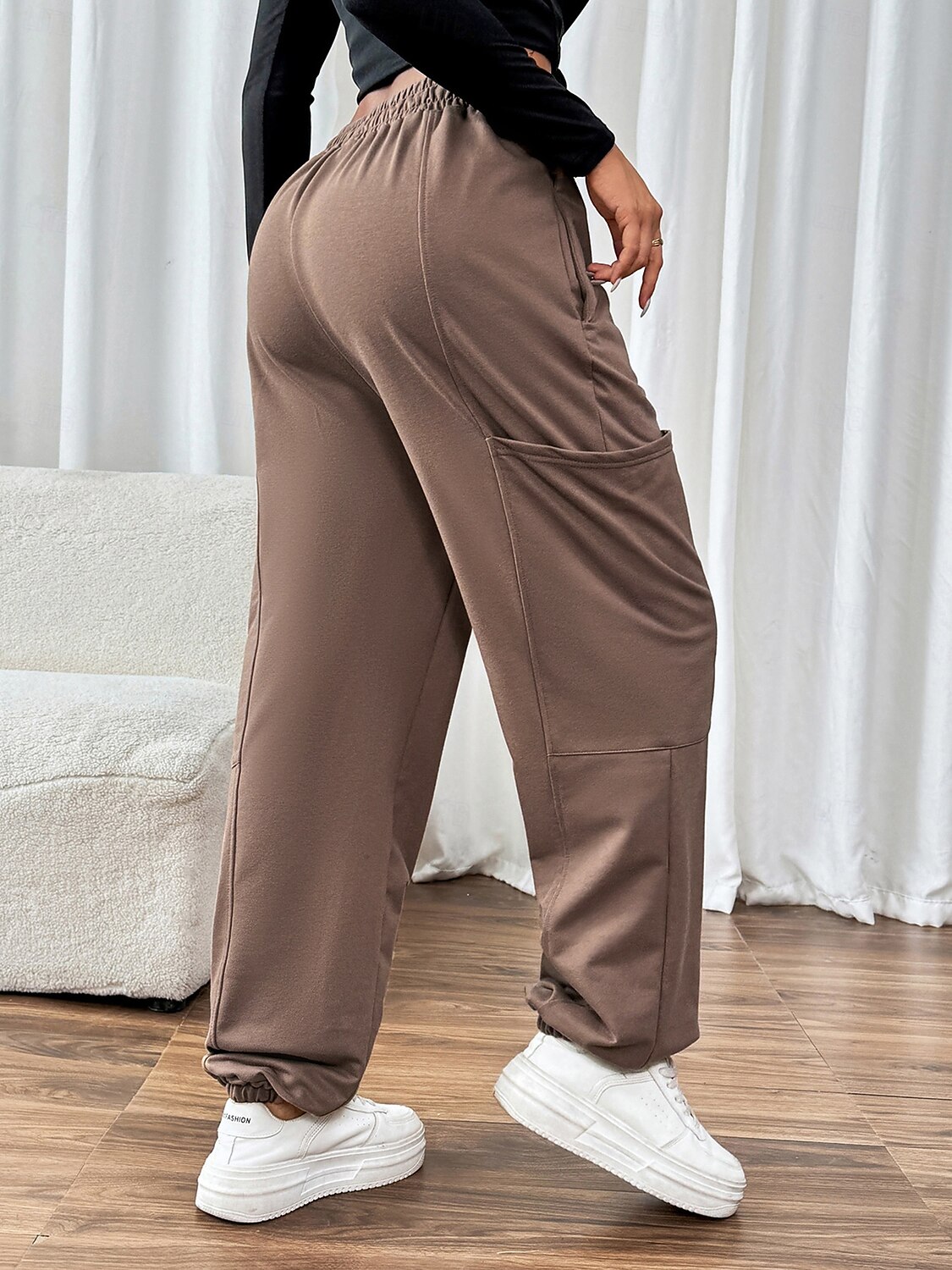 Dam Aktiv Aktiv Streetwear Långbyxor Fullängd Ficka Elastisk Mörkbrun Höst Vinter 2025 - $26.99 –P2