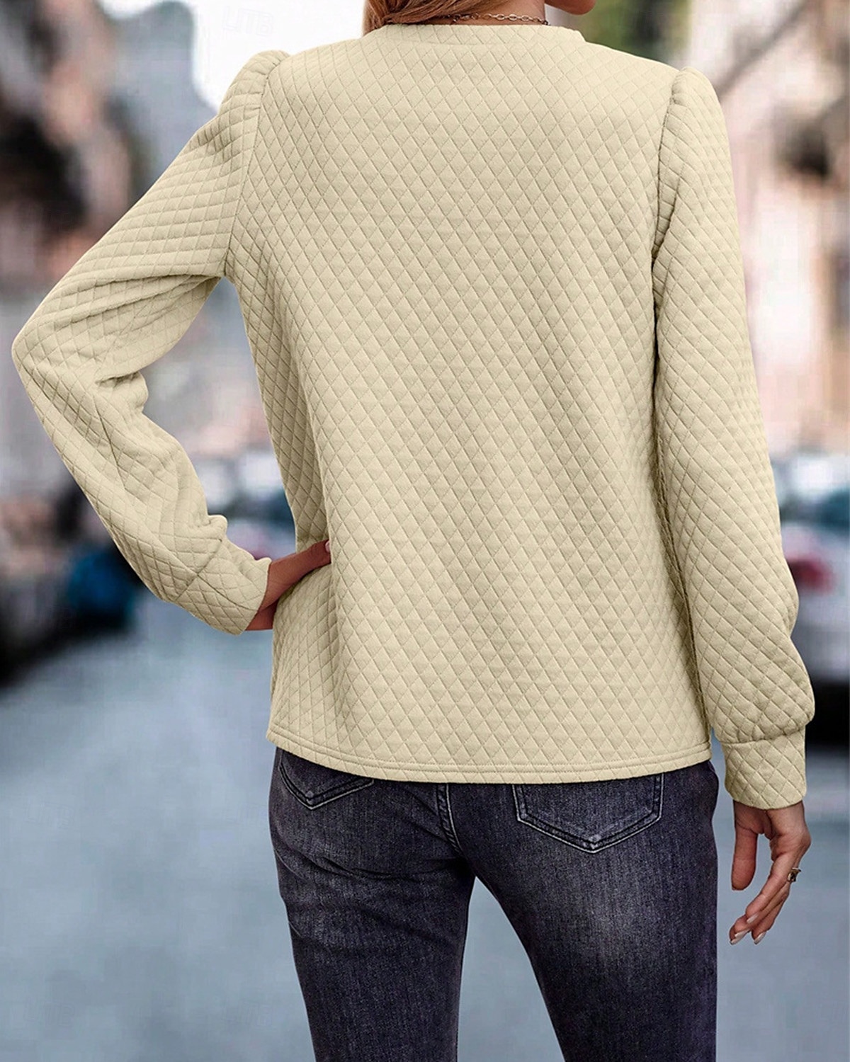 damskjorta texturerad sweatshirt våffeltröja enfärgad business modern långärmad rund hals normalstor toppar arbets svart marinblå brun beige höst vinter 2025 - $29.99 –P8