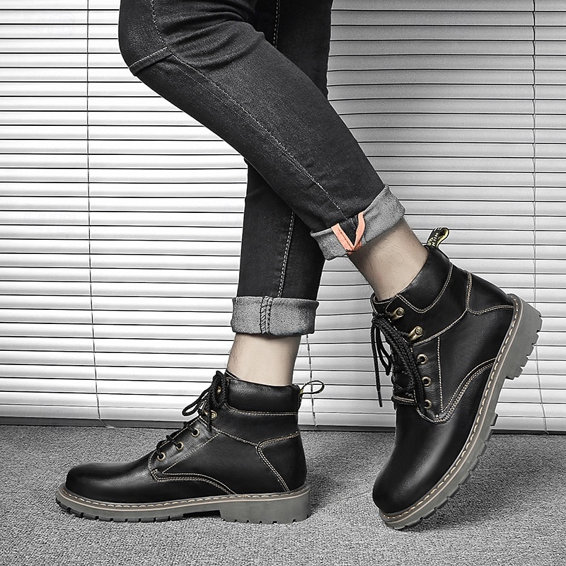 Men's Brown Leather Work Boots, Durable Lace-Up Ankle Boots with Rugged Sole, Perfect for Outdoor Activities, Construction, and Casual Wear 2025 - $79.99 –P1