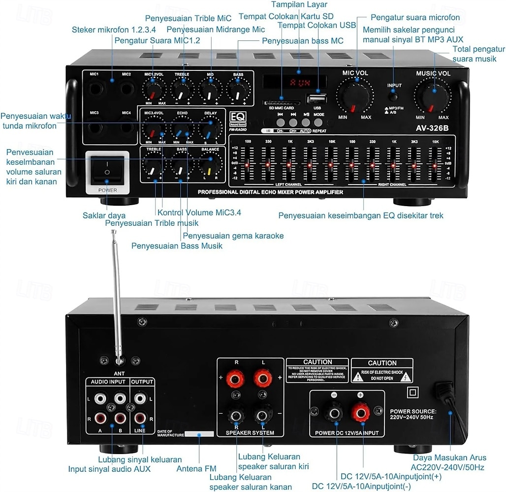 vysoce výkonný domácí zesilovač 12v/110v/220v 4 kanály bluetooth 5.0 ekvalizér auto venkovní karaoke podpora přehrávání z usb/sd karty 2025 - $159.99 –P5